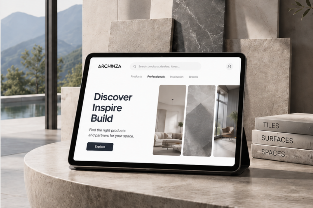 The Archinza platform on a tablet, set among stone and tile surfaces